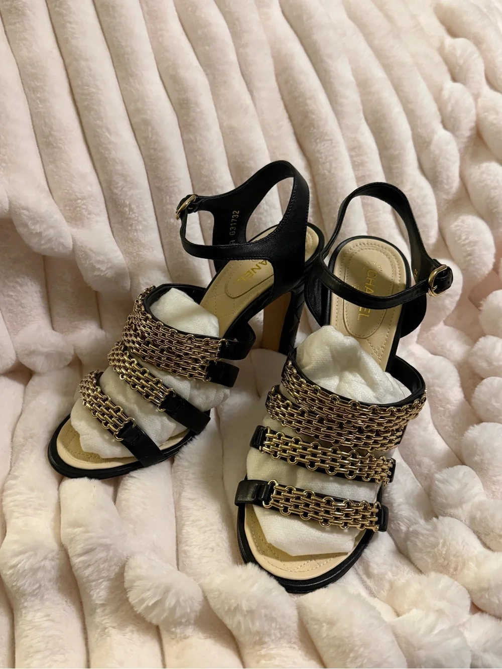 CHANEL Black Leather High-Heel Sandals with Gold Chain Straps